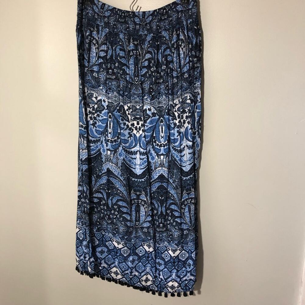 J jill pullon elastic waist maxi skirt blue Aztec print fringe womens S NEW